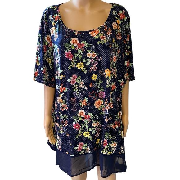 Nina Leonard Woman 3X Black Floral Liquid Knit Slip Top Flowy Swing Cottagecore - Picture 1 of 8